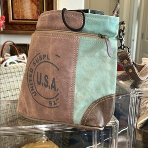 Myra Canvas Crossbody Bag - Brown and Green with Outdoor Goodies